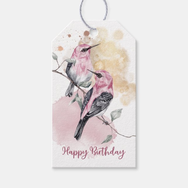 Étiquettes-cadeau Joyeux anniversaire des colibris roses (Devant)