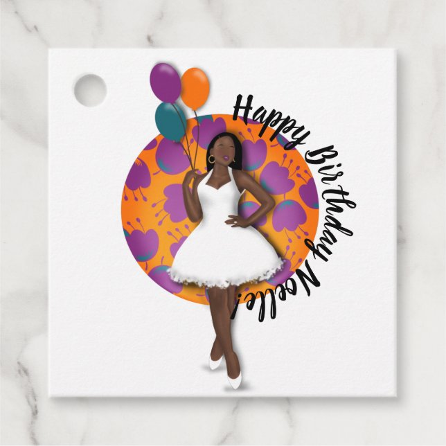 Étiquettes Cadeau Joyeux anniversaire ! Femme noire, Ballons & Fleur (Devant)