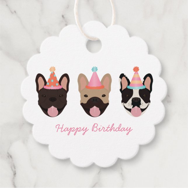 Étiquettes Cadeau Joyeux anniversaire français Bulldog Party Casquet (Devant)