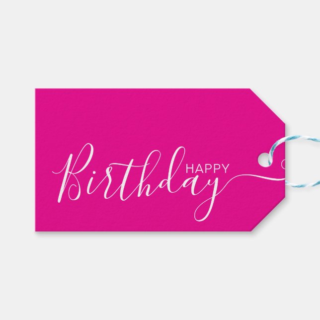 Étiquettes-cadeau Joyeux anniversaire Hot rose blanc moderne (Devant (Horizontal))