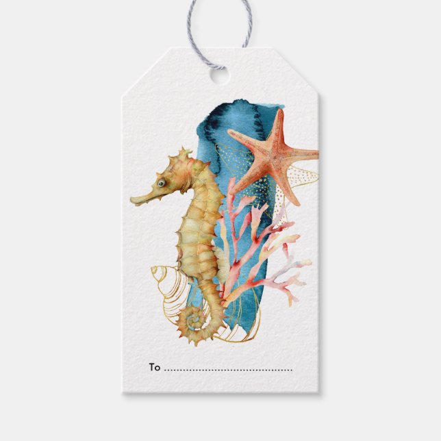 Étiquettes-cadeau Joyeux Anniversaire, Marine Vie Plage de Seahorse (Devant)