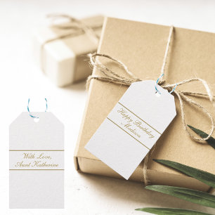 Étiquettes-cadeau Joyeux Anniversaire Nom Script Blanc Or
