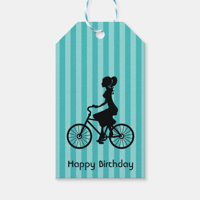 Étiquettes-cadeau Joyeux Anniversaire Retro Girl Bike Rider (Devant)