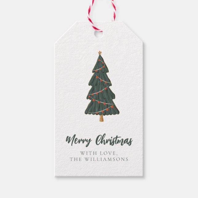 Étiquettes-cadeau Joyeux arbre de Noël Accueil personnalisé et nom (Devant)