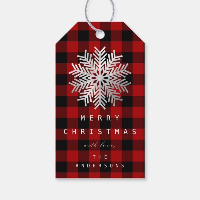 Étiquettes-cadeau Joyeux aux flocons de neige de vacances Gris Plaid (Devant)