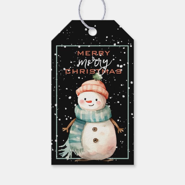 Étiquettes-cadeau Joyeux bonhomme de neige en Noël Turquoise de l'Éc (Devant)