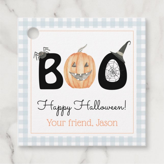 Étiquettes Cadeau Joyeux Boo Day Trick ou Treat Halloween Blue Boy (Devant)