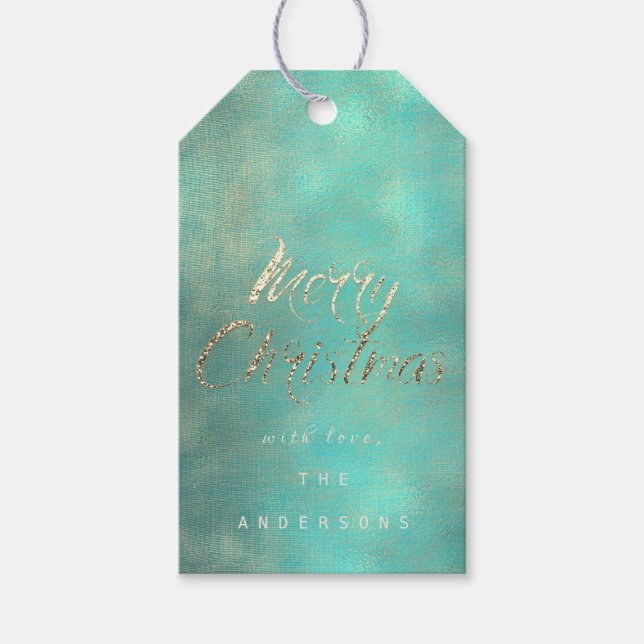Étiquettes-cadeau Joyeux cadeau de Noël à Gold Mint Turquoise Burlap (Devant)