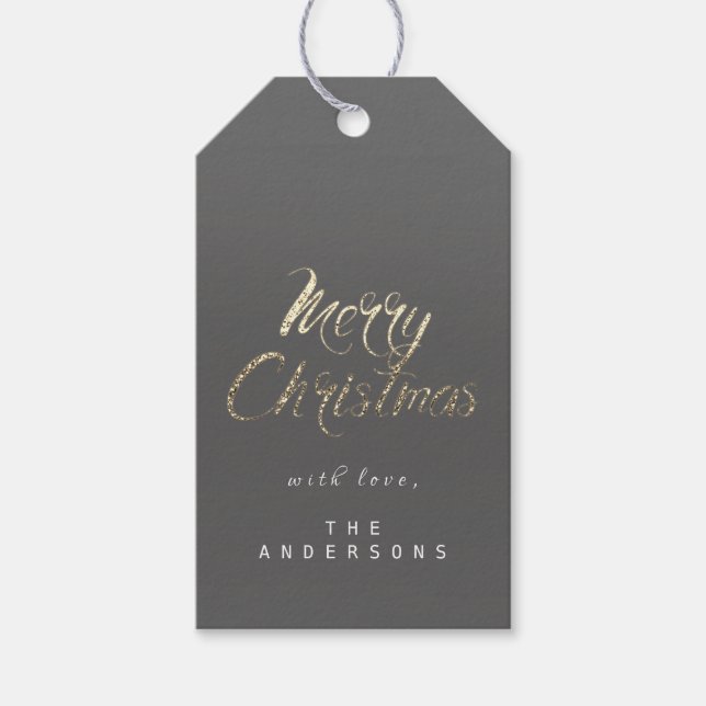 Étiquettes-cadeau Joyeux cadeau de Noël pour Script Gold Grey Graphi (Devant)