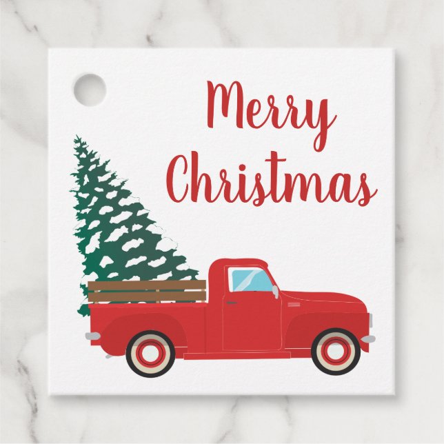 Étiquettes Cadeau Joyeux Camion de Noël avec arbre de Noël (Devant)