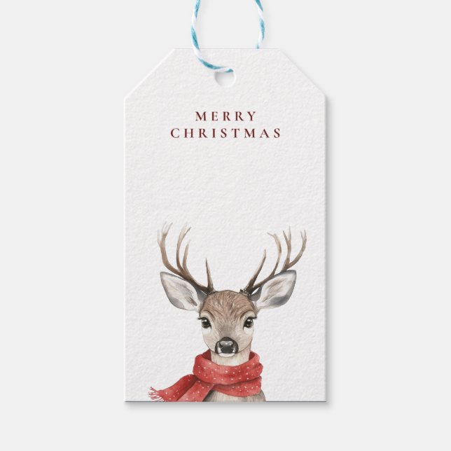 Étiquettes-cadeau Joyeux cerf de Noël dans une écharpe rouge (Devant)