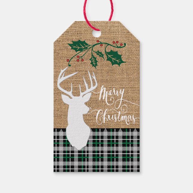 Étiquettes-cadeau Joyeux Cerf de Noël - Vert Plaid (Devant)