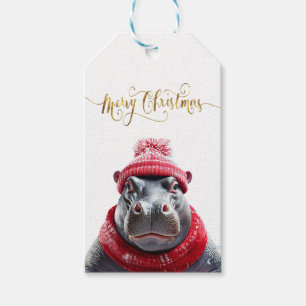 Étiquettes-cadeau Joyeux chapeau et foulard de Noël Hippo