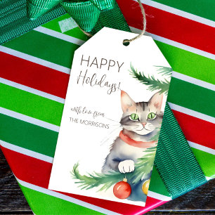 Étiquettes-cadeau Joyeux chat de vacances par sapin de Noël