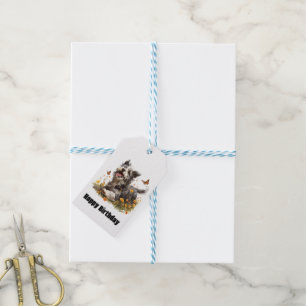 Étiquettes-cadeau Joyeux Chien D'Anniversaire Courant Dans Les Fleur