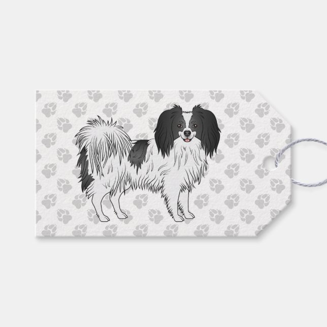 Étiquettes-cadeau Joyeux Chien Phalène Noir Et Blanc Illustration (Devant (Horizontal))