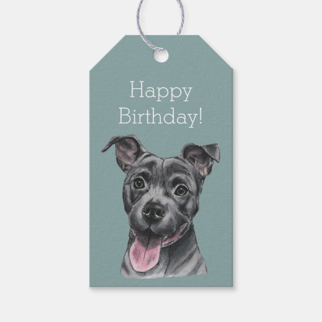 Étiquettes-cadeau Joyeux Chien taureau gris Pit Anniversaire (Devant)