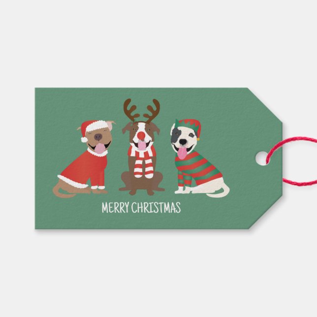 Étiquettes-cadeau Joyeux Chiens taureaux de marque de Noël (Devant (Horizontal))
