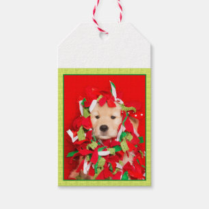 Étiquettes-cadeau Joyeux chiot de golden retriever de Noël de Woofi
