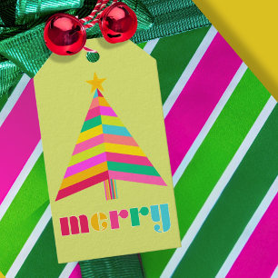 Étiquettes-cadeau joyeux couleur rayé Arbre de Noël vert brillant