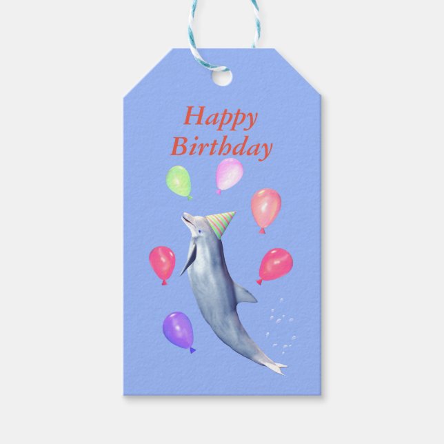 Étiquettes-cadeau Joyeux dauphin et ballons d'anniversaire (Devant)