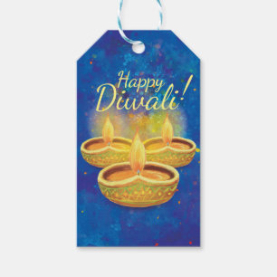 Étiquettes-cadeau Joyeux Diwali peint à la main illuminant des bougi