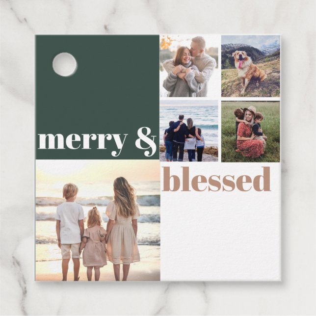 Étiquettes Cadeau Joyeux et bienheureux Noël de famille Photo verte (Devant)