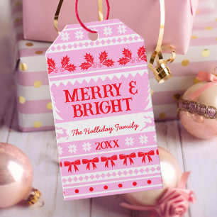 Étiquettes-cadeau Joyeux et brillant pull de Noël rose, rouge et bla