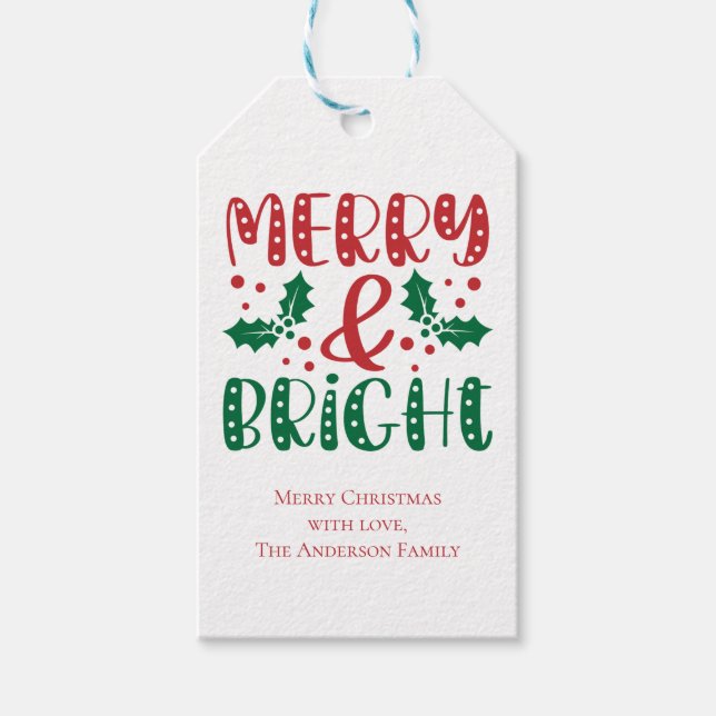 Étiquettes-cadeau Joyeux et brillant rouge et vert Noël Holly (Devant)