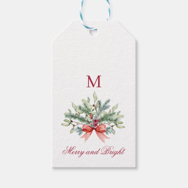Étiquettes-cadeau Joyeux et brillant rouge Monogramme Vacances verdu (Devant)
