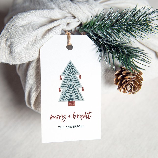 Étiquettes-cadeau Joyeux et lumineux | Boho Christmas Tree and Scrip (A stylish, cute holiday gift tag with a boho Christmas tree and casual terracotta script)