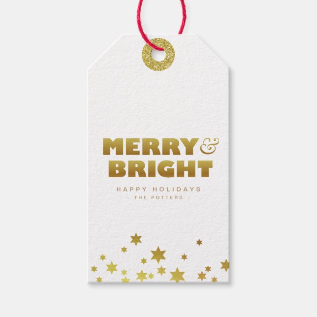 Étiquettes-cadeau Joyeux et lumineux | Fun Christmas White & Gold Mi (Devant)