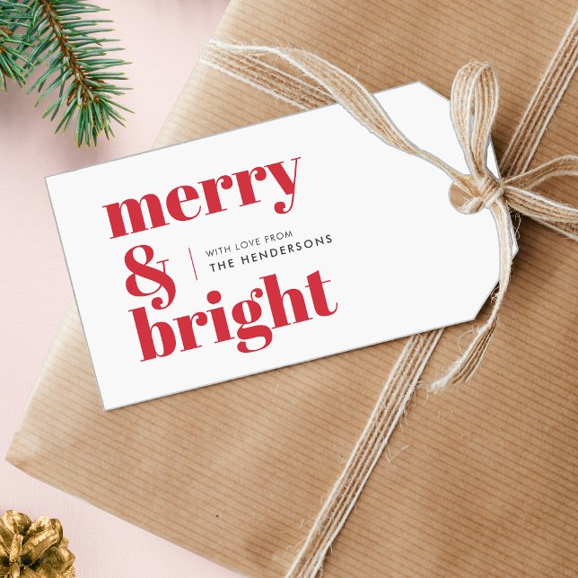 Étiquettes-cadeau Joyeux et lumineux | Moderne Noël Rouge brillant (Personalize your holiday packaging with this modern red and white gift tag.)