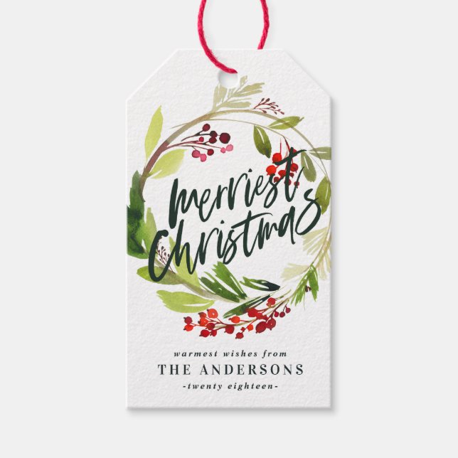 Étiquettes-cadeau Joyeux feuillage d'aquarelle de Noël fleuri (Devant)