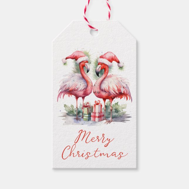 Étiquettes-cadeau Joyeux Flamants roses roses de Noël (Devant)