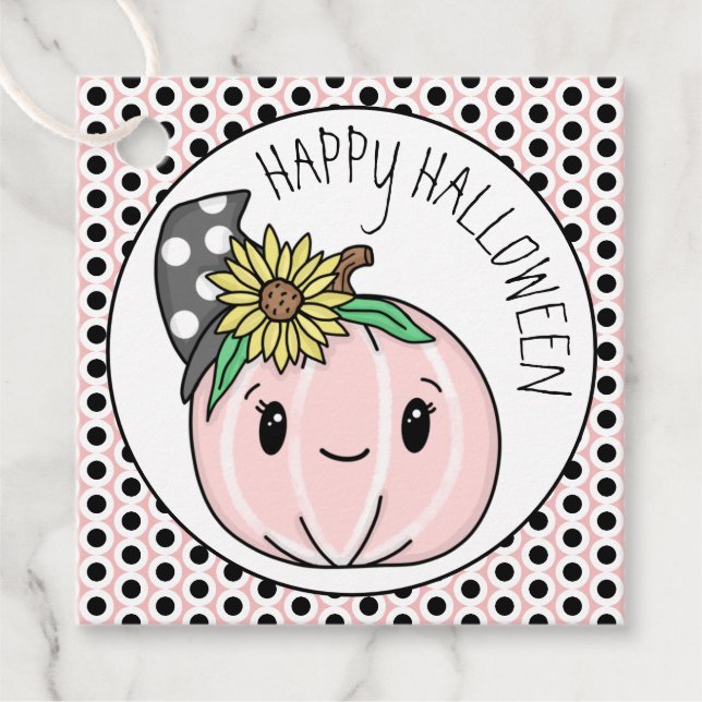 Étiquettes Cadeau Joyeux Halloween | Citrouille rose et Pois (Devant)