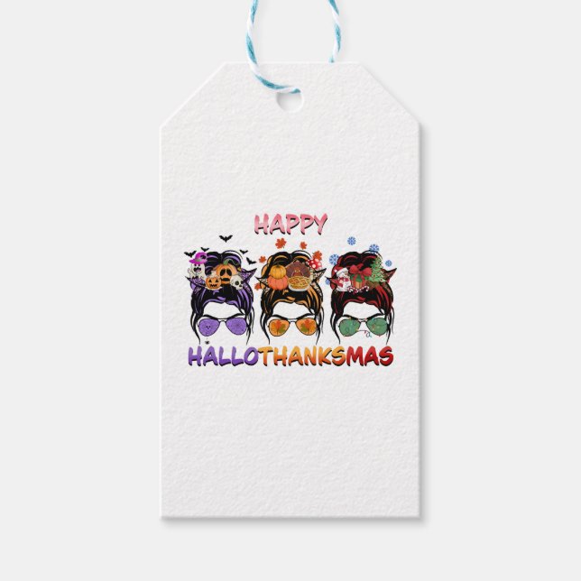 Étiquettes-cadeau joyeux halloween thanksgiving noël désordre bun (Devant)