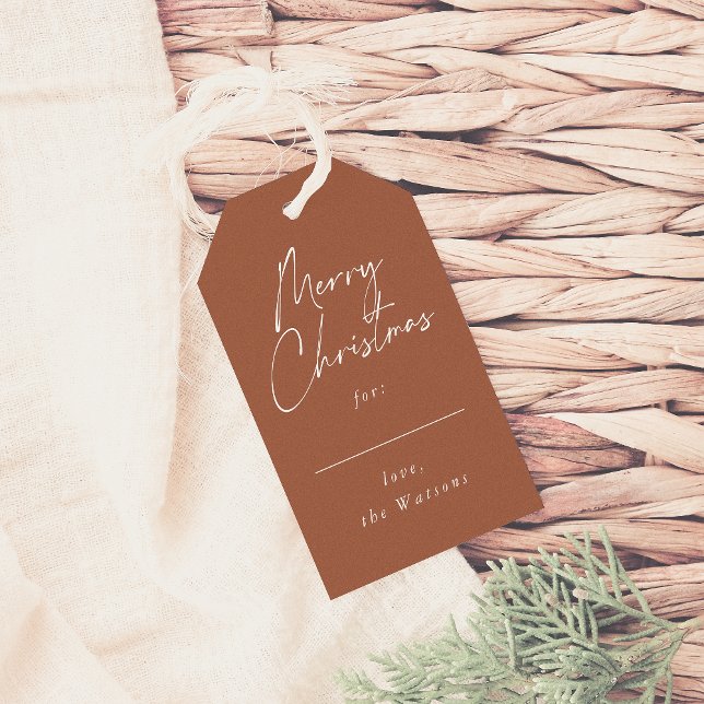 Étiquettes-cadeau Joyeux Joyeux Script de Noël Rouille rouge (Créateur téléchargé)