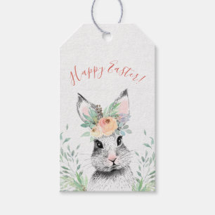 Étiquettes-cadeau Joyeux lapin de Pâques et fleurs