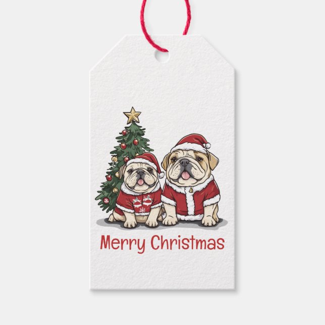 Étiquettes-cadeau Joyeux Noël anglais Bulldog Santa Hats (Devant)