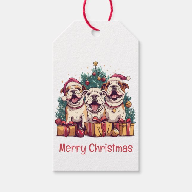 Étiquettes-cadeau Joyeux Noël anglais Bulldog Santa Hats (Devant)