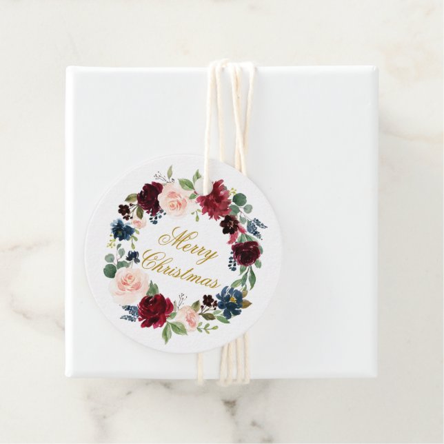 Étiquettes Cadeau Joyeux Noël Aquarelle Florale Wreath Gold (En situation)