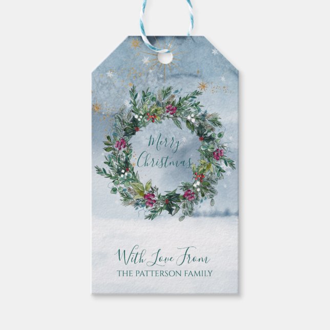 Étiquettes-cadeau Joyeux Noël Aquarelle Holly Parties scintillant St (Devant)
