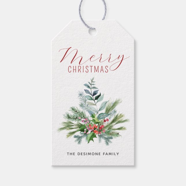 Étiquettes-cadeau Joyeux Noël Aquarelle Verdure Baies (Devant)