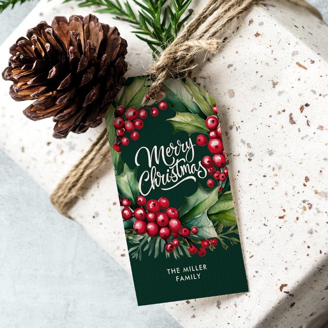 Étiquettes-cadeau Joyeux Noël Aquarelle Verdure Berry Wreath (Créateur téléchargé)