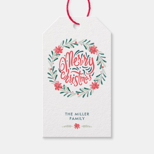 Étiquettes-cadeau Joyeux Noël Aquarelle Verdure fleurie Wreath (Devant)