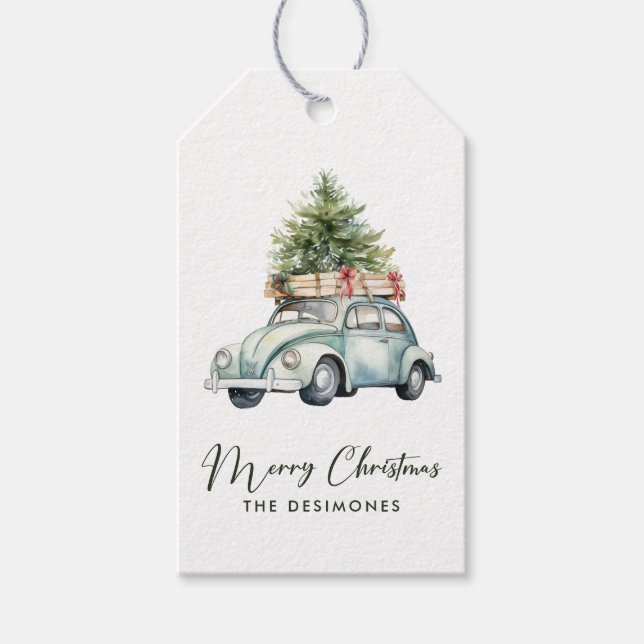 Étiquettes-cadeau Joyeux Noël Arbre Classic Voiture Vacances (Devant)