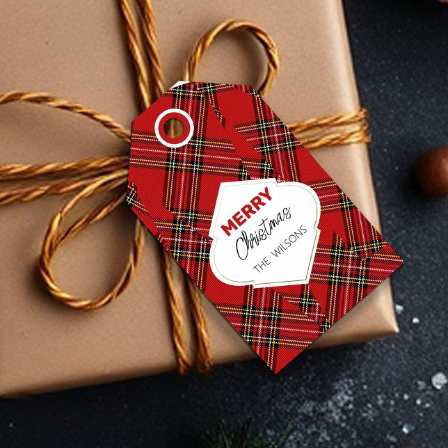 Étiquettes-cadeau Joyeux Noël artistique Tartan Bourgogne (Créateur téléchargé)