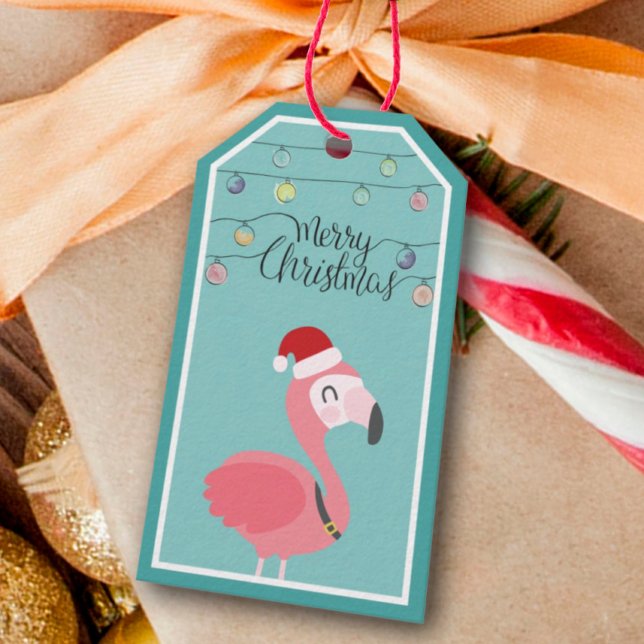 Étiquettes-cadeau Joyeux Noël Bébé flamant rouge casquette et lumièr (Créateur téléchargé)