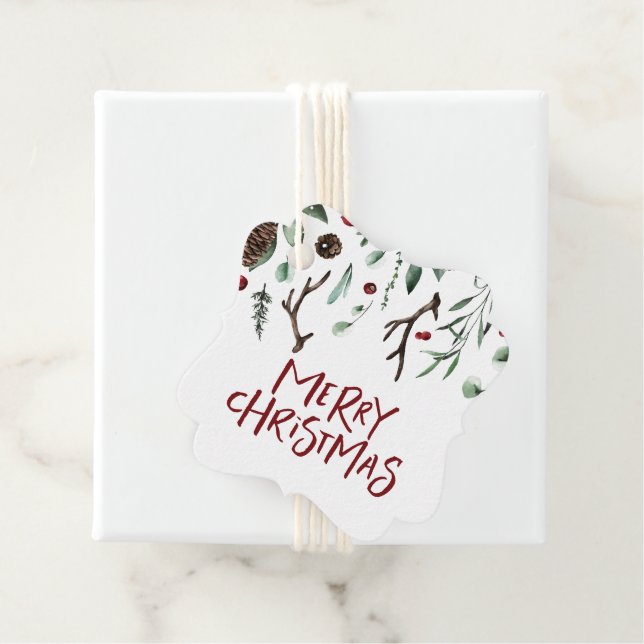Étiquettes Cadeau Joyeux Noël | Berry de verdure hivernale rustique (En situation)